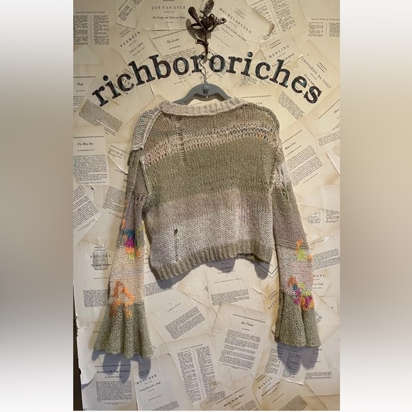 Free People Mandy Mended Pullover Soft Knit Bell Sleeves Ethereal Ivory Combo - Picture 6 of 6